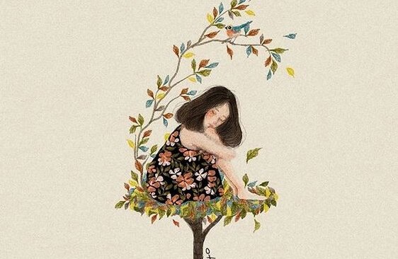 Smutna kobieta na szczycie drzewa.
