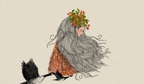 Smutna kobieta i odlatujące gęsi.