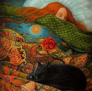 Śpiąca kobieta i kot.