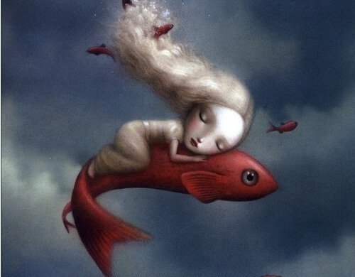 Kobieta śniąca na rybie