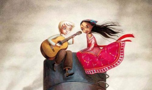 Dziewczyna w czerwonej sukience słucha, jak chłopiec gra na gitarze