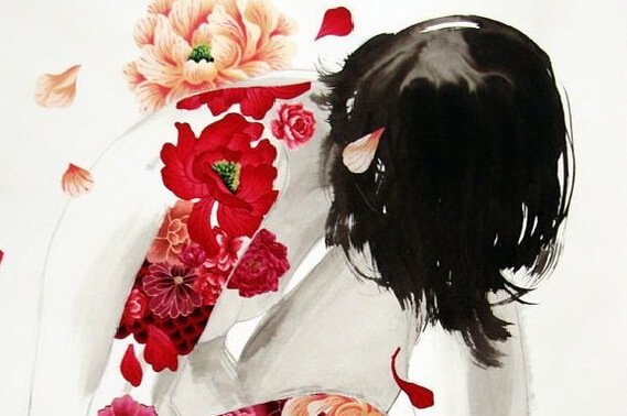 Dziewczyna i czerwone kwiaty.