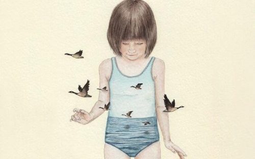 Dziewczynka otoczona przez ptaki