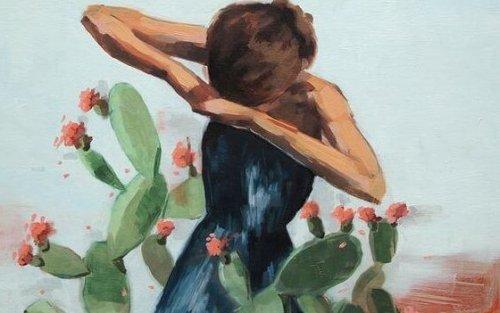Kobieta otoczona kaktusami symbolizującymi oddane jej przysługi