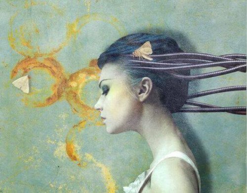 Zniekształcenia poznawcze - kobieta i motyle.