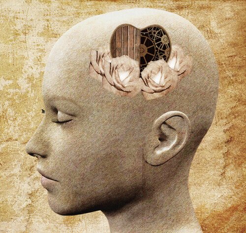 Głowa z sercem w mózgu.