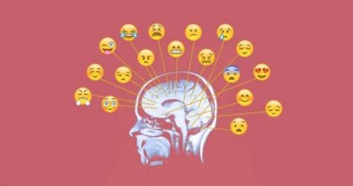 Świadomość emocjonalna - mózg z różnymi emotikonkami