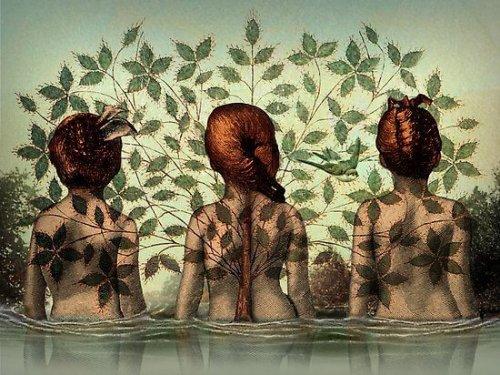 Trzy kobiety stoją tyłem w wodzie