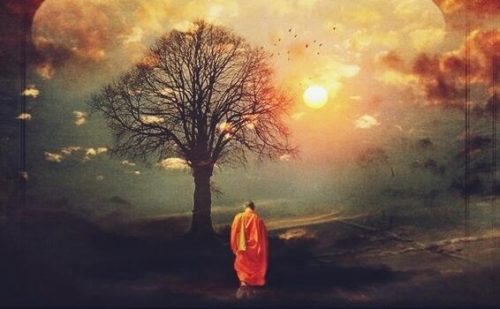 mnich buddyjski przy drzewie - filozofia wschodu