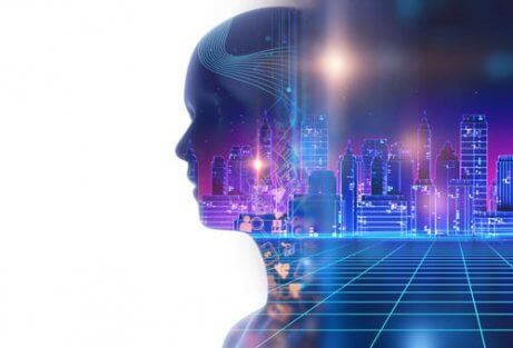 Twarz człowieka i miasto w tle