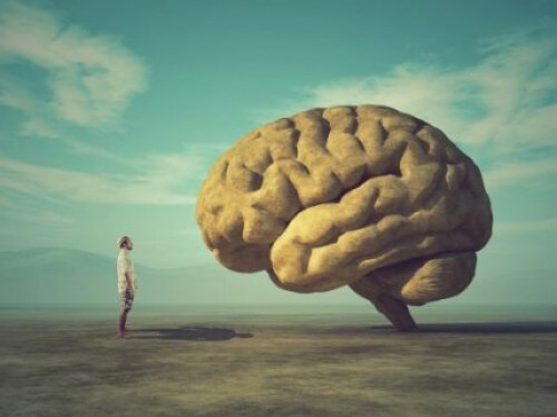 Człowiek patrzy na gigantyczny mózg